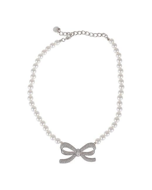 Self-Portrait Witte Strik Ketting Met Nep Parels in het Metallic