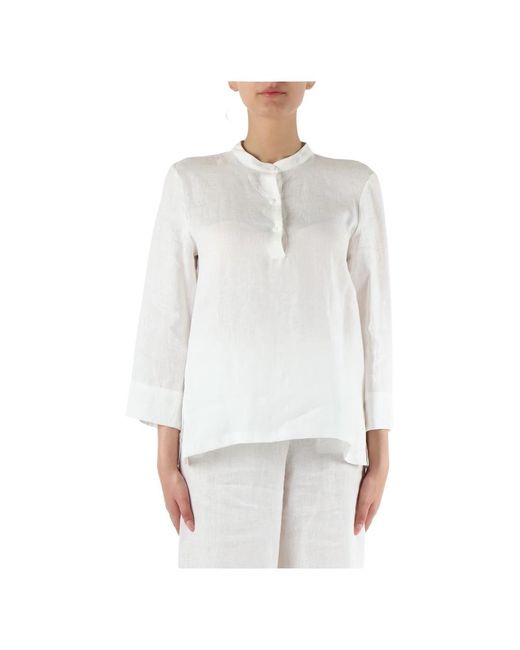 Blusa in lino con colletto coreano di Niu in White