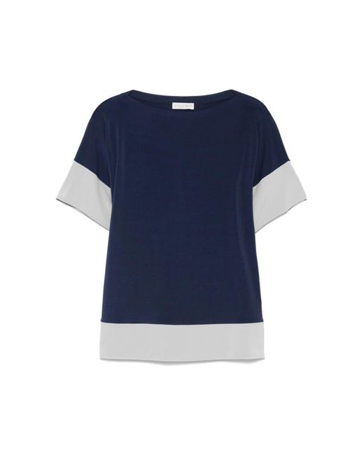 Le Tricot Perugia Blue Beiger Boot-Ausschnitt T-Shirt Mit Kurzen Ärmeln