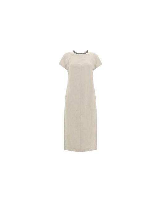 Brunello Cucinelli White Schmuckverziertes Leinen Midi Kleid