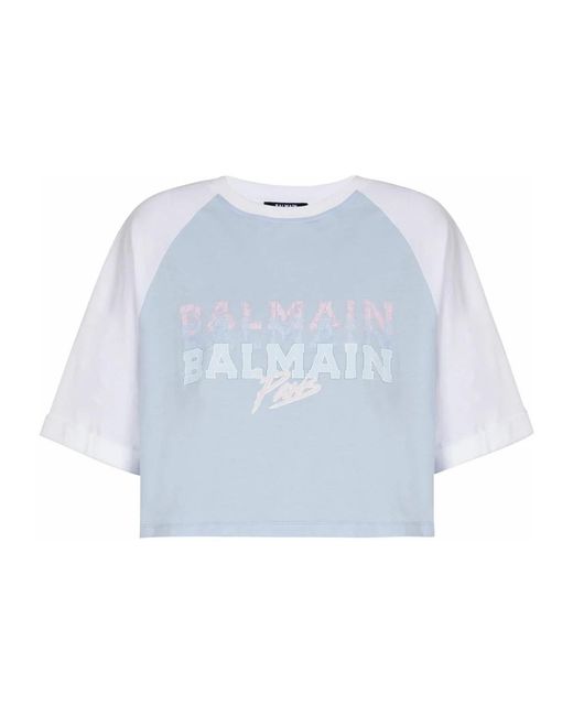 Balmain Tops ,Blauw ,Katoen Cropped T-Shirt Met Parijs Print in het Blue
