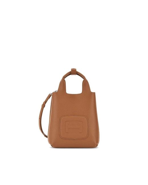 Hogan Brown Kamelbraune Lederhandtasche Mit Logo