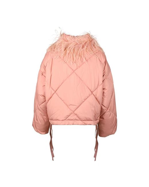 Twinset Jassen ,Roze ,Polyester Gewatteerde Jas Met Afneembare Struisvogel Kraag in het Pink