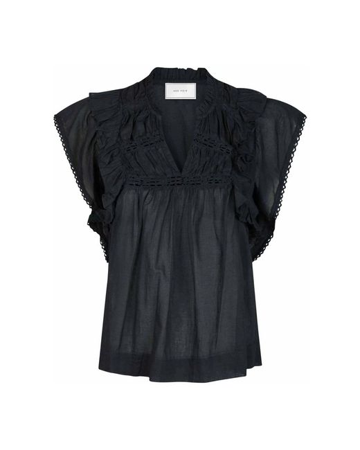 Neo Noir Overhemden ,Blauw ,Katoen Voile Blouse Met Ruchedetails in het Black