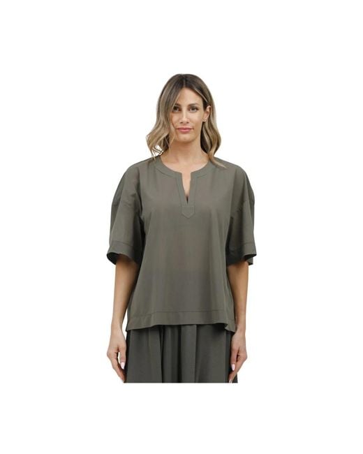 Max Mara Overhemden ,Groen ,Katoen Koreaanse V-Hals T-Shirt Met Korte Mouwen in het Gray
