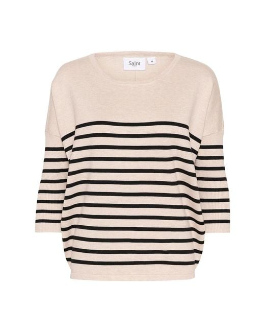 Saint Tropez Gestreepte Oversized Gebreide Trui in het White