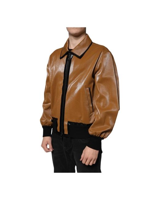 Dolce & Gabbana Jassen ,Bruin ,Bruin Leren Bomberjack Met Logo in het Brown voor heren