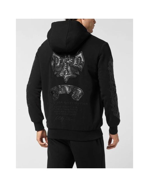 Philipp Plein Hoodies & Sweatvesten ,Zwart ,Katoen Zip Hoodie Met Leren Inzetstukken Chrome Crest in het Black voor heren