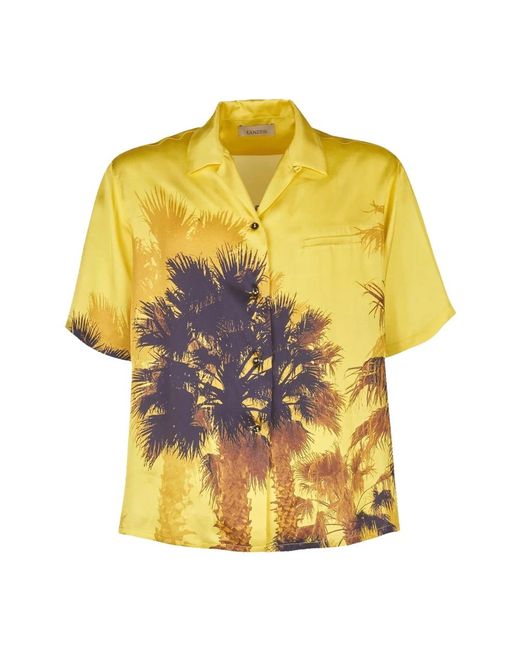 Camicia da bowling gialla con motivo palme di Laneus in Yellow da Uomo