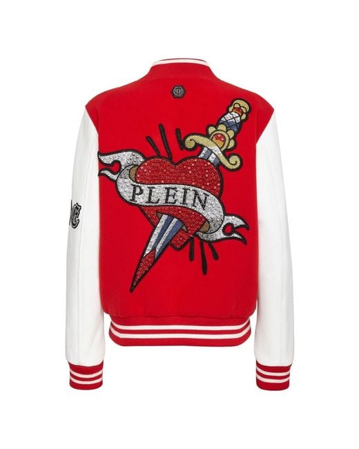 Philipp Plein Jassen ,Rood ,Wol Wool And Leather Bomber Love Angel in het Red