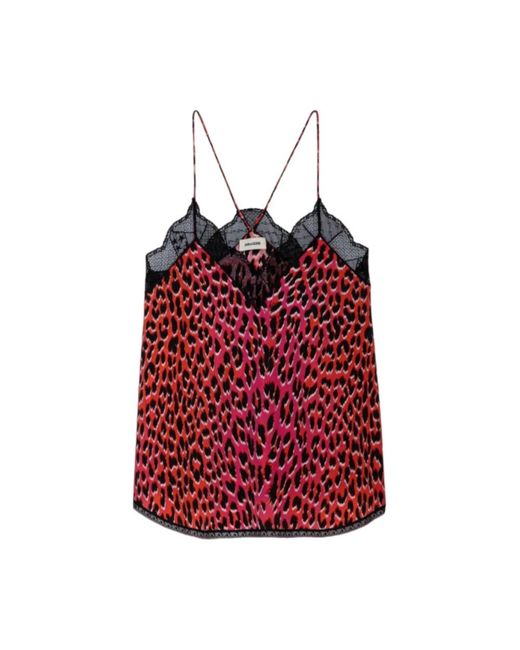 Zadig & Voltaire Red Christy Leopard-print Lace-trimmed Silk-crepe De Chine Camisole