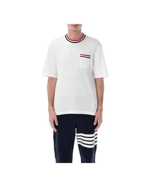 Thom Browne Tops ,Wit ,Katoen T-Shirt Met Korte Mouwen, Streepdetails En Borstzak in het Blue voor heren