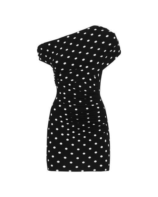 Self-Portrait Black Asymmetric One-Shoulder Mini Dress With Contrasting Polka Dot Pattern