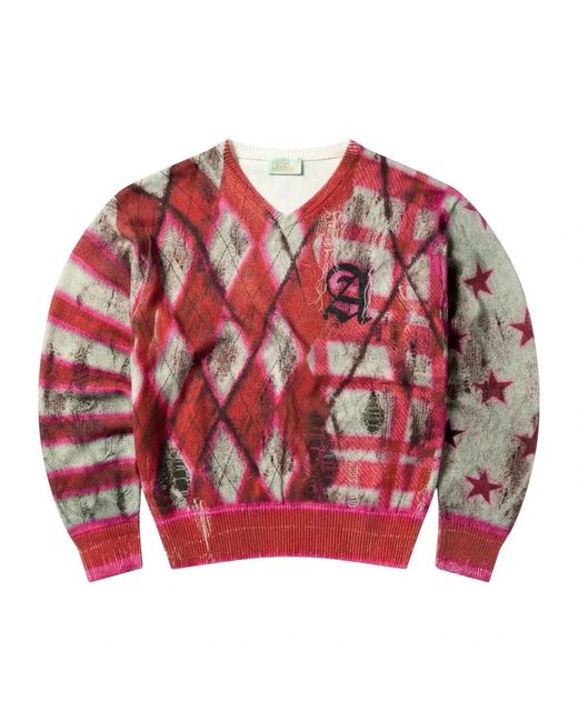 Aries Digi Patchwork V Neck Knit Sweater in het Red voor heren
