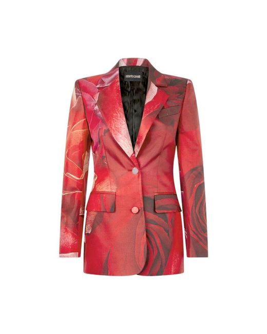 Roberto Cavalli Red Blazer Mit Rosenmuster Und Klassischem Revers