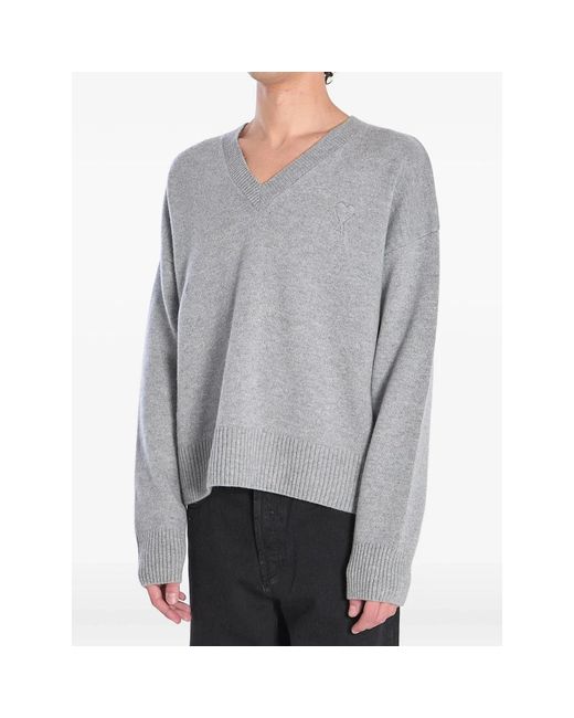AMI Grijze V-Hals Ribgebreide Trui Met Logo in het Gray voor heren