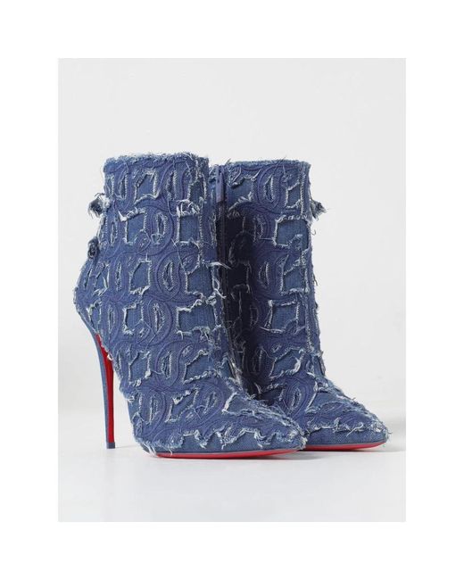 Christian Louboutin Blue So Kate 100 Embroidered Distressed Denim Ankle Boots