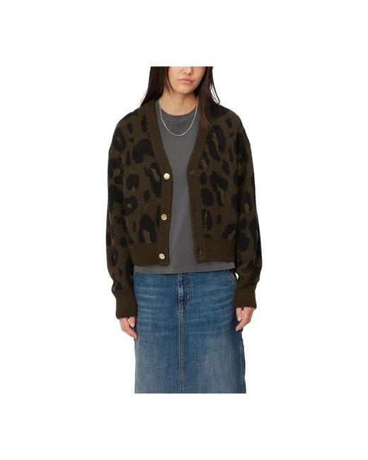 Carhartt Truien & Vesten ,Groen ,Wol Camo Leo Jacquard Cardigan Tamarind in het Black