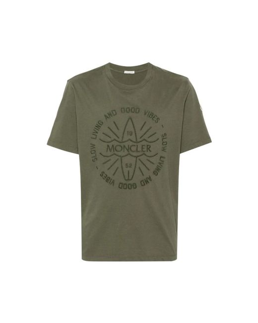 T-shirt verde oliva con logo ricamato di Moncler in Green da Uomo