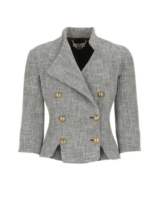 Elisabetta Franchi Gray Grauer Baumwollmisch-Blazer Frau V-Ausschnitt