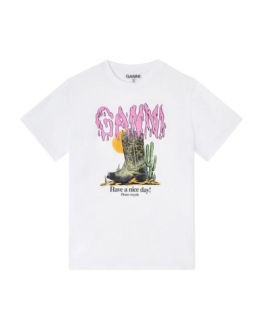 Ganni White Cowboy Boots Organic Cotton T-Shirt