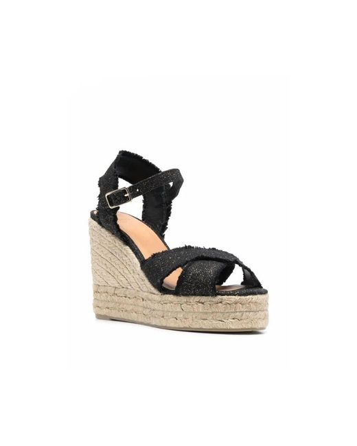 Castaner Black Schwarze leder offene zehen keilabsätze,beige leinen keil espadrilles sandalen