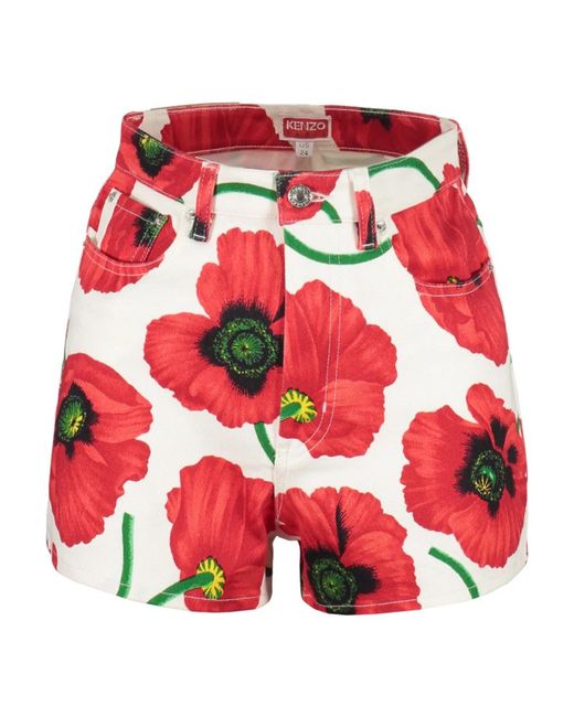KENZO Korte Broeken ,Veelkleurig ,Denim Denim Cut-Off Shorts Met Bloemenprint in het Red