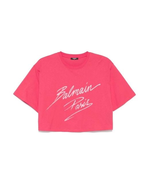 Balmain Fuchsia Logo Crop T-Shirt in het Pink