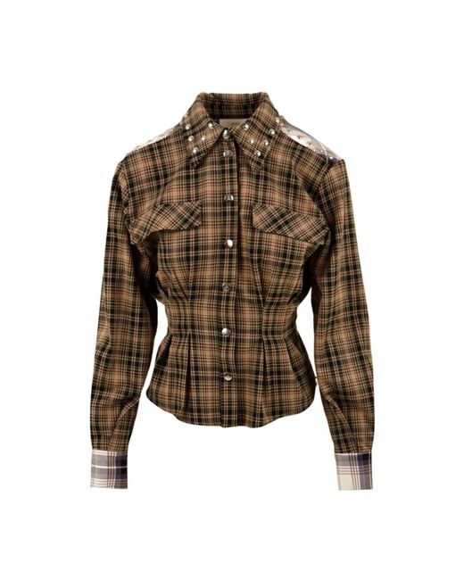 Akep Overhemden ,Veelkleurig ,Leer Studded Check Fabric Bustier Shirt in het Green