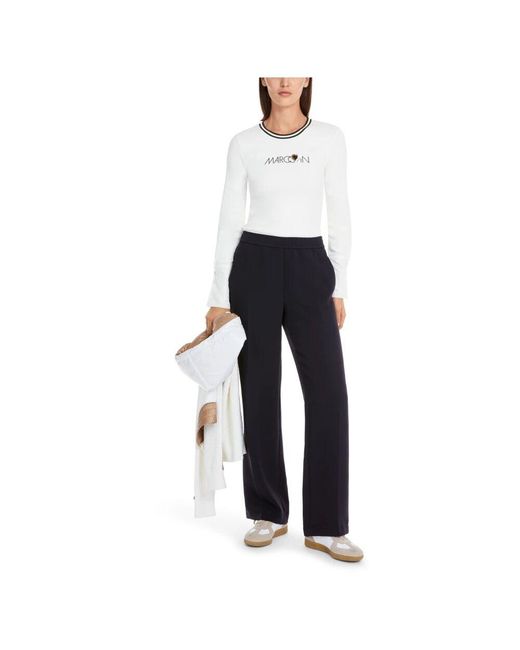 Marc Cain White Geripptes Baumwoll-Langarmshirt