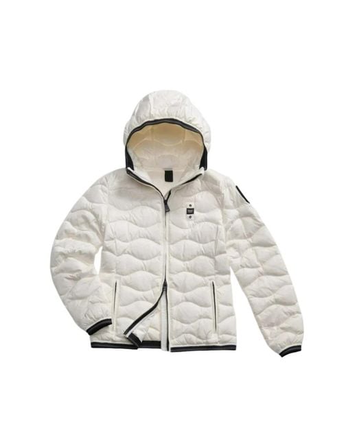 Blauer Metallic Weiße Gesteppte Daunenjacke Mit Wellenmuster