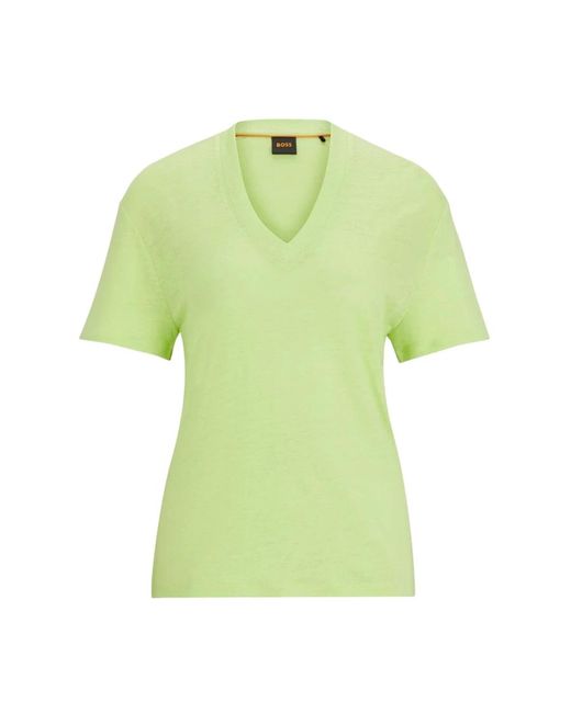 T-shirt in lino verde con scollo a v di Boss in Green