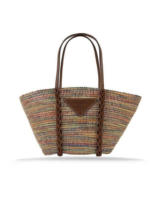 Prada Brown Strohschultertasche Mit Lederelementen