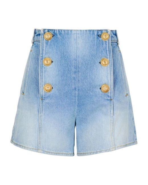 Shorts di jeans con bottoni di Balmain in Blue