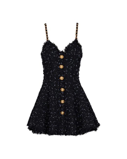Balmain Black Gepunktetes tweedkleid mit trägern