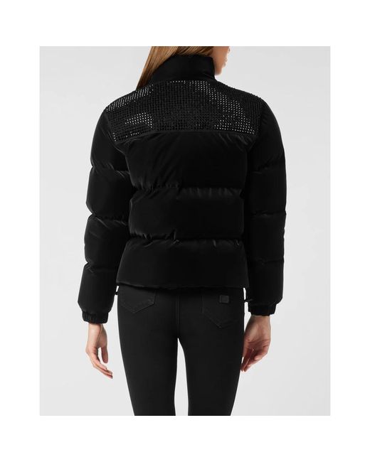 Philipp Plein Jassen ,Zwart ,Nylon Nylon En Suède Puffer Jacket Strass in het Black