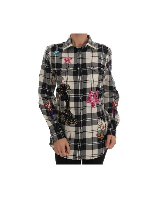 Dolce & Gabbana Gray Black White Fairy Tale Crystal Shirt Blouse