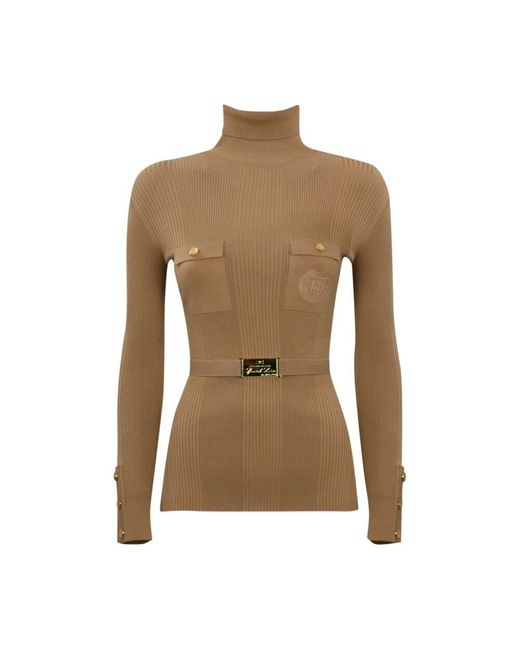 Elisabetta Franchi Brown Brauner rippstrickpullover mit stehkragen