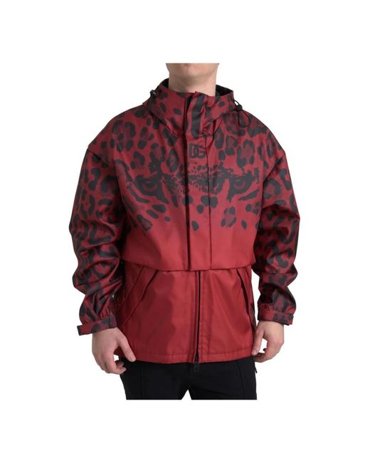 Dolce & Gabbana Jassen ,Veelkleurig ,Katoen Rode Luipaardprint Hooded Regenjas in het Red voor heren