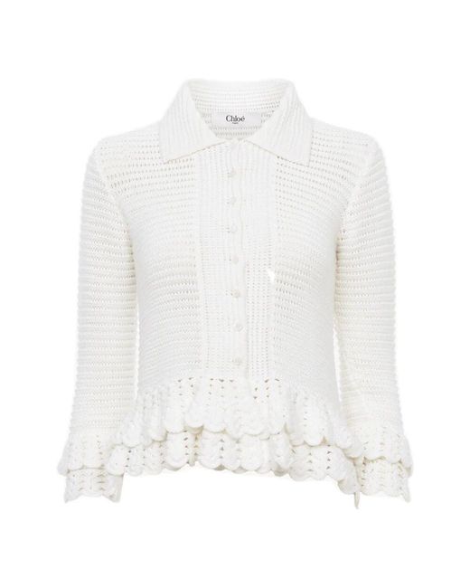 Chloé White Weiße Strickpullover Mit Rüschen Und Perlmuttknöpfen