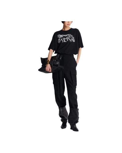 Balmain Tops ,Zwart ,Katoen T-Shirt Met Luipaardprint in het Black