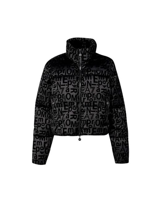 EA7 Black Schwarze mäntel mit hohem kragen kapuze