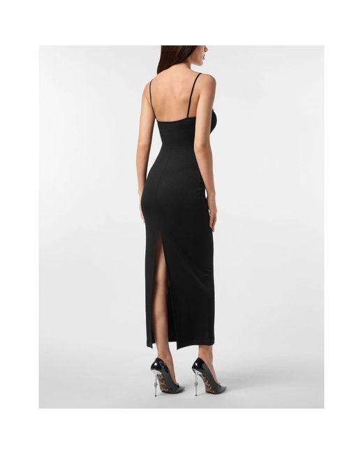 Philipp Plein Kleedjes ,Zwart ,Rib Straight Across Midi Dress in het Black