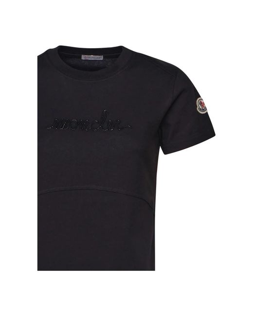 Moncler Tops ,Zwart ,Katoen Zwart T-Shirt Van Katoen Met Kralenlogo in het Black