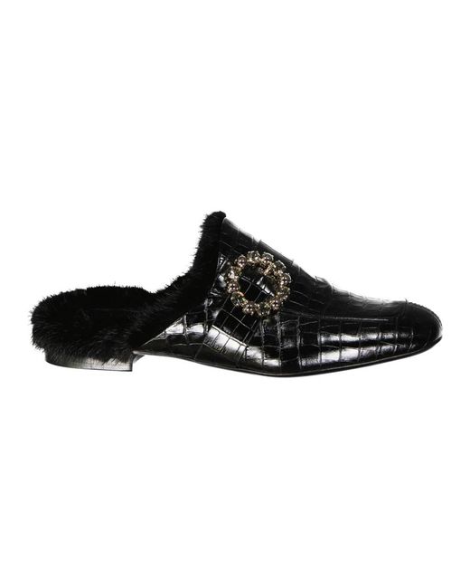 Eleventy Black Leather Fur Mules