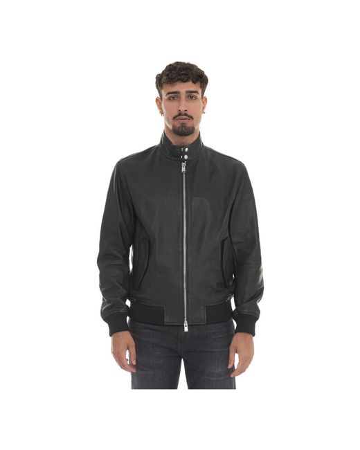 Boss Jassen ,Zwart ,Leer Leren Harrington Jack Met Gebreide Details in het Black voor heren