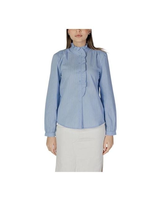 Jacqueline De Yong Blue Pinstripe Ruffleneck Blouse