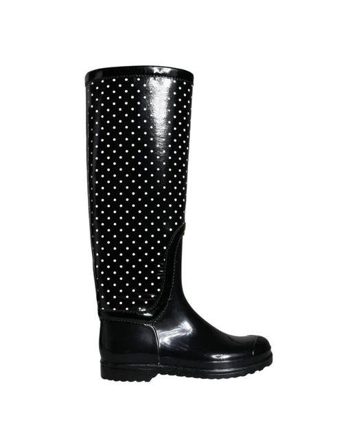 Dolce & Gabbana Black Polka Dot Rubber Knee High Boots Shoes