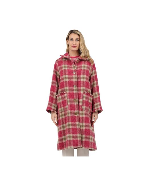 ROSSO35 Jassen ,Veelkleurig ,Polyester Geruite Jas Met Knoopsluiting En Opgezette Zakken in het Red
