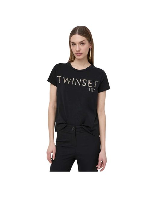 Twin Set Black Schwarzes strick t-shirt mit applikation